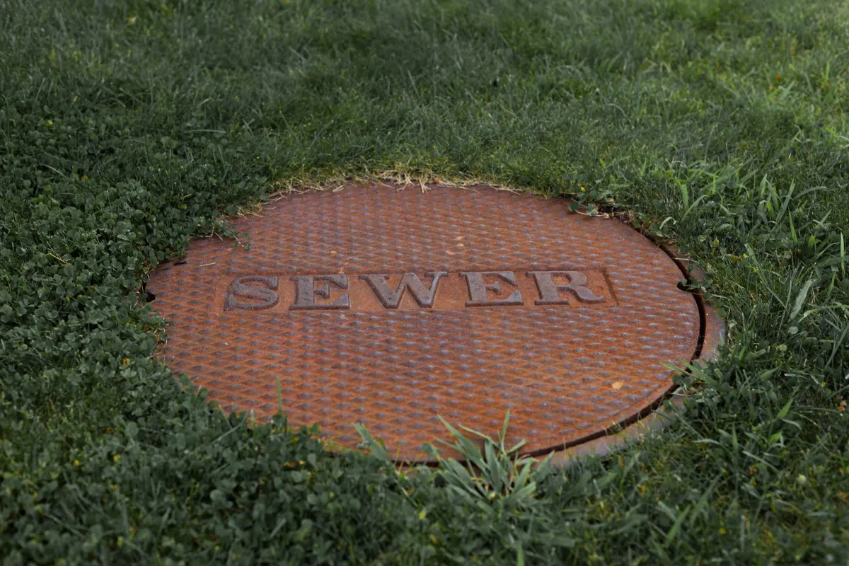 Sewer cover set in a lawn